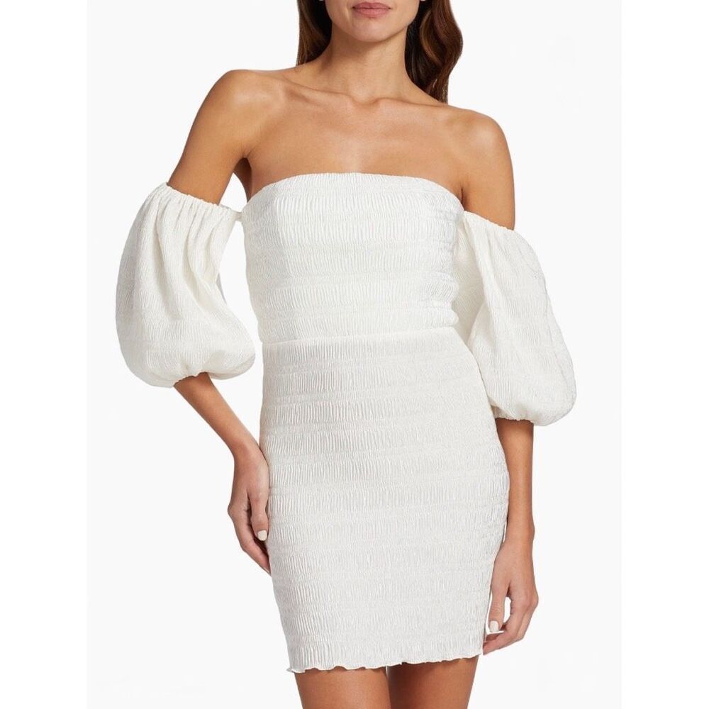 NWT L'Idee Art Deco White Pleated Off Shoulder Puff Sleeve Mini Dress 8 Smocked
